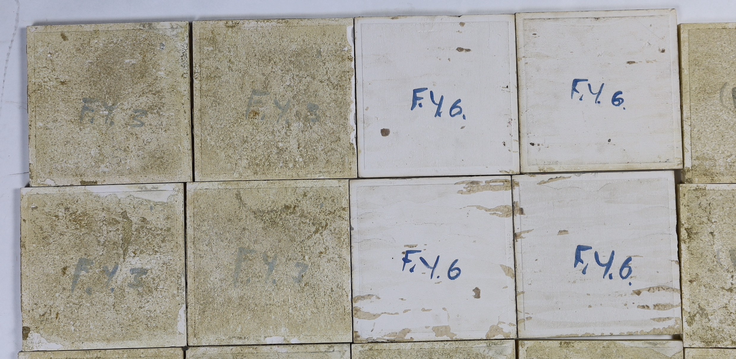 E.E. Strickland for Carter & Co, Poole pottery, six sets of four tile panels of animals and farm scenes, each tile 15.2cm (6in.) square and each set of four tiles 61cm square, minor faults
